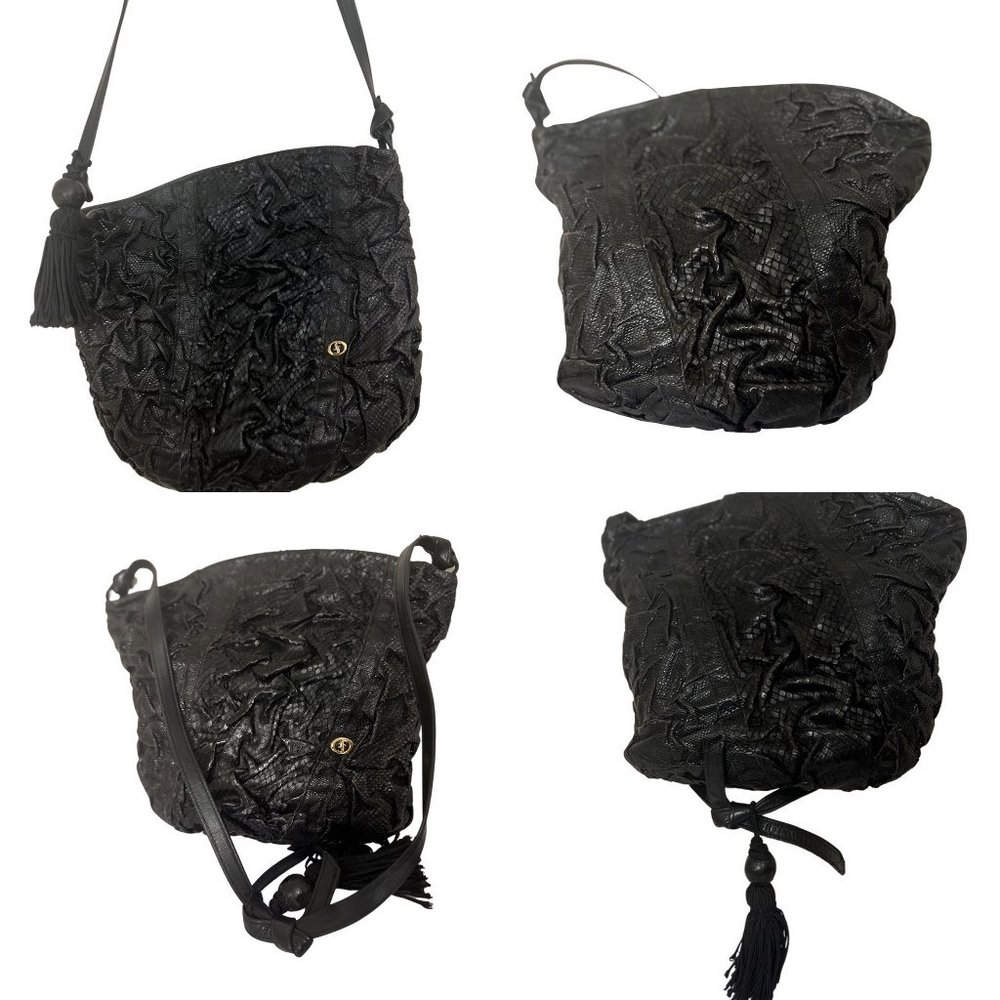 Carlo Fiori Vintage Black Snakeskin Bucket Shoulder Bag with corded tassel.